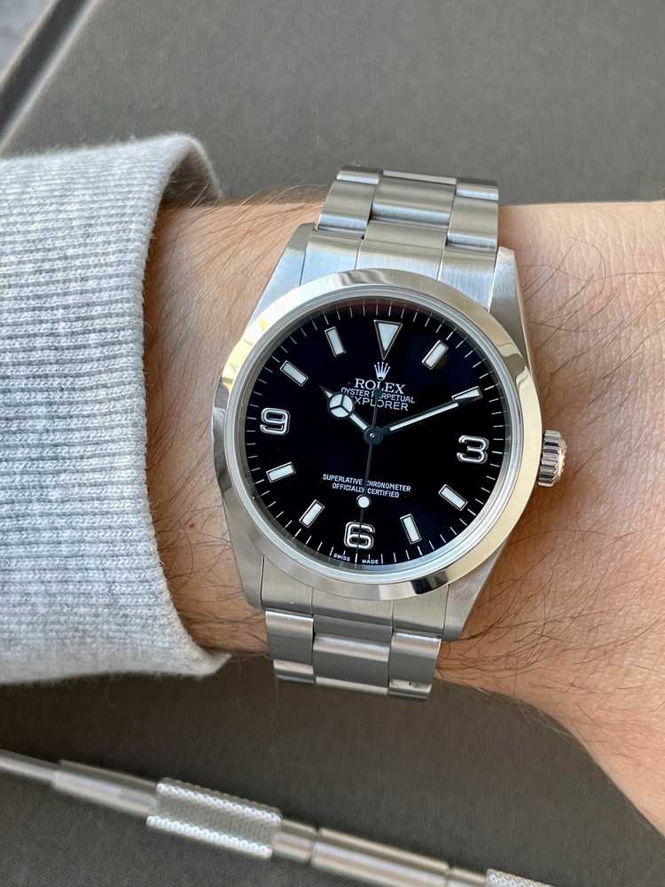 Wrist shot image for Rolex Explorer 14270 Black 1999 with original box and papers 2