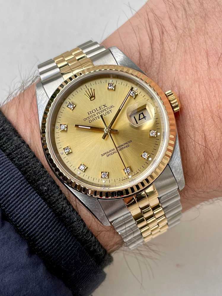 Wrist shot image for Rolex Datejust "Diamond Dial" 16233G Gold 1991 with original box and papers