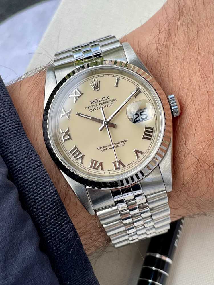Wrist shot image for Rolex Datejust 16234 Cream 1989 with original box and papers