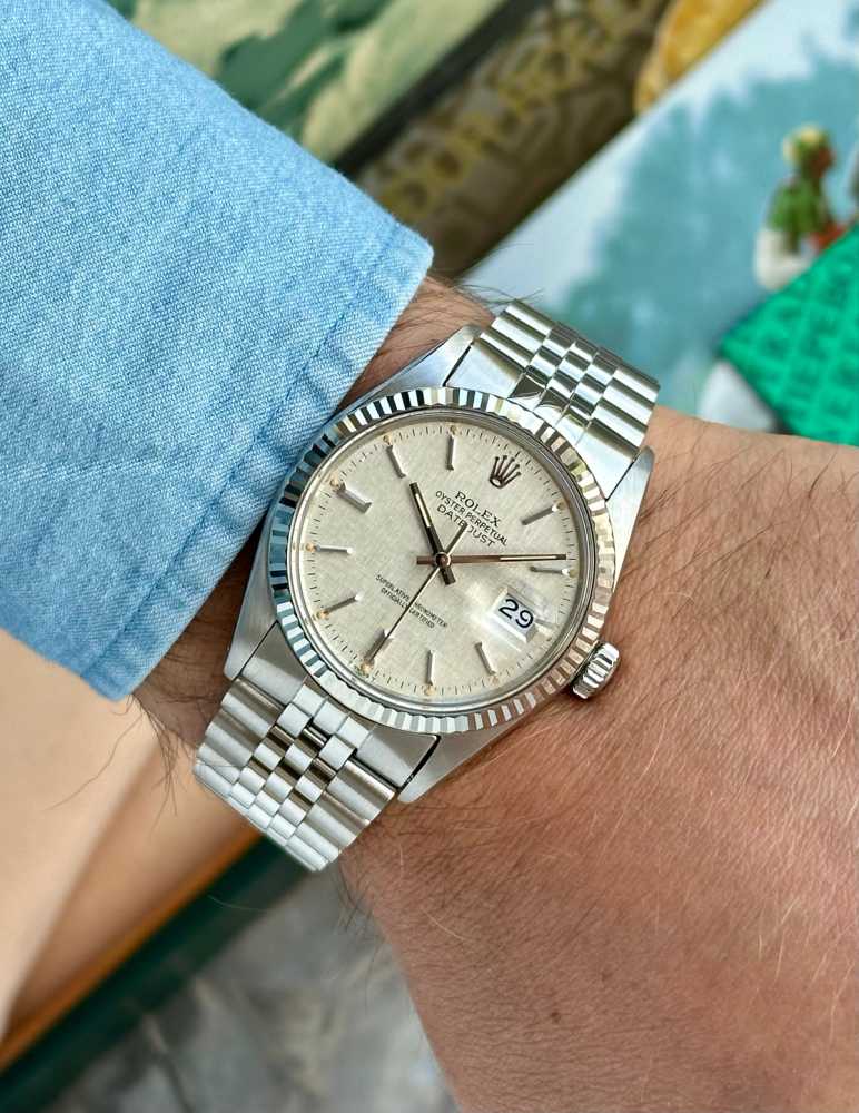 Wrist image for Rolex Datejust "Linen" 16014 Silver Linen 1979 with original box and papers 2