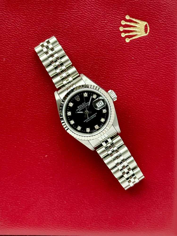 Wrist image for Rolex Lady-Datejust "Diamond" 69174G Black 1993 with original box and papers