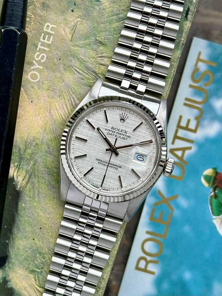 Featured image for Rolex Datejust "Linen" 16014 Silver Linen 1982 with original box and papers