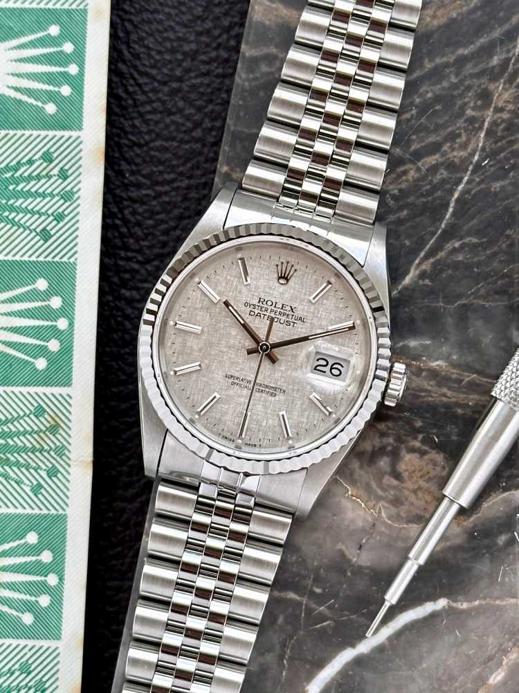 Featured image for Rolex Datejust "Linen" 16234 Silver Linen 1993 with original box and papers