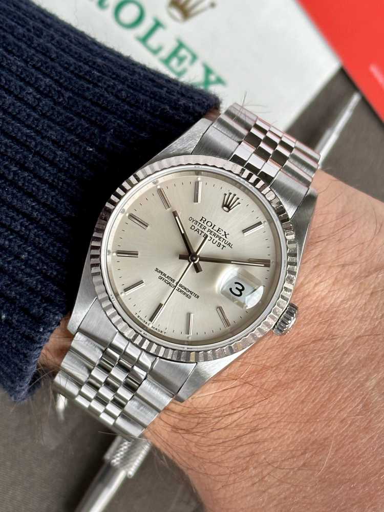 Wrist shot image for Rolex Datejust 16234 Silver 1991 with original box and papers 2