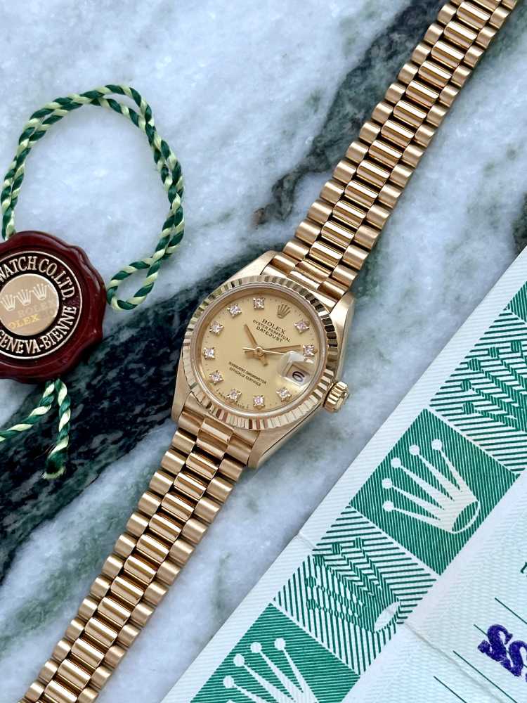 Wrist image for Rolex Lady-Datejust "Diamond" 69178G Gold 1984 with original box and papers