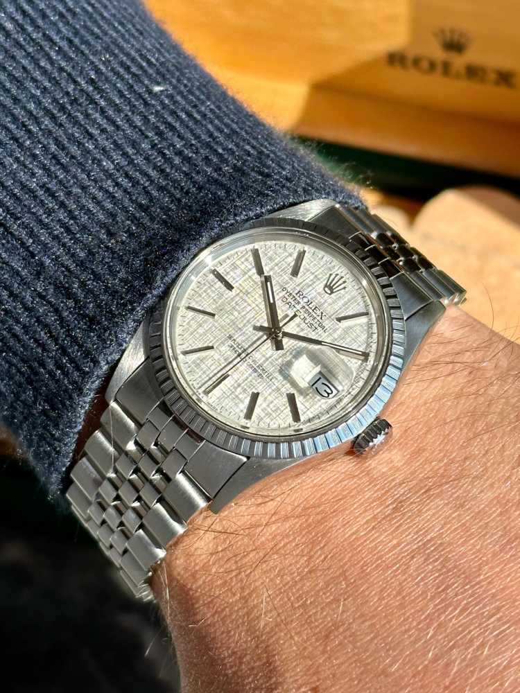 Wrist shot image for Rolex Datejust "Linen" 16030 Silver Linen 1986 with original box and papers