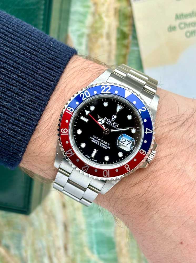 Wrist shot image for Rolex GMT-Master II "Pepsi" 16710 Black 2001 with original box and papers 2