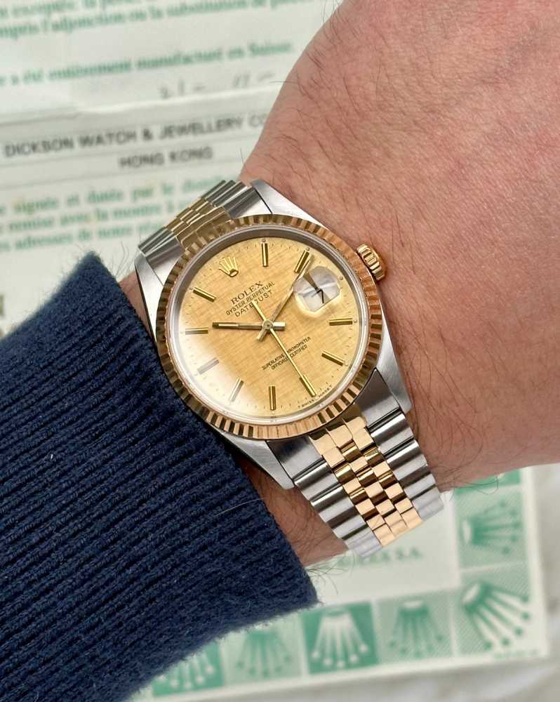 Wrist shot image for Rolex Datejust "Linen" 16233 Gold 1993 with original box and papers