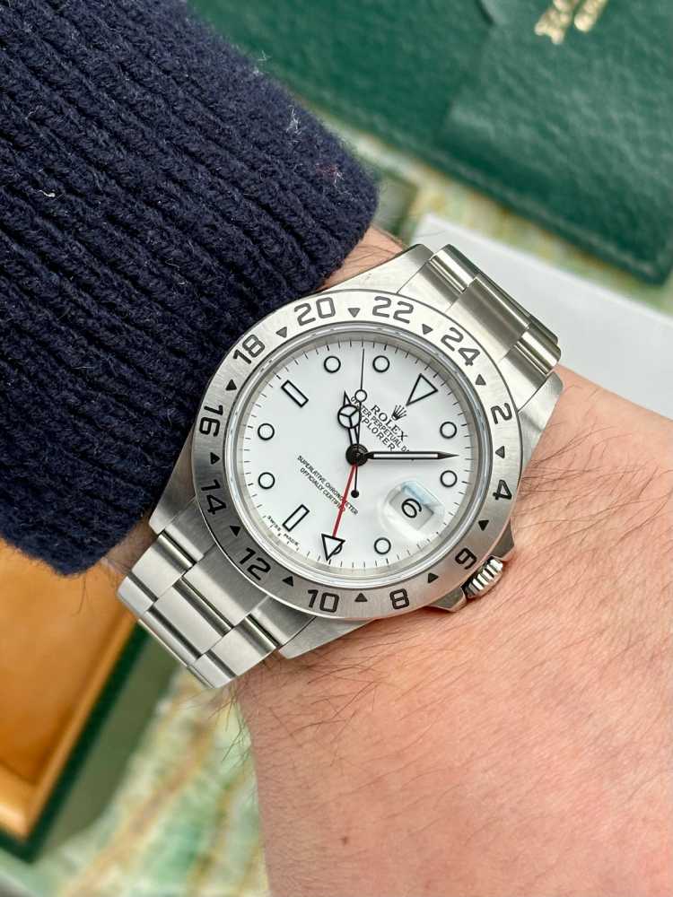 Wrist image for Rolex Explorer 2 16570 T White 2004 with original box and papers
