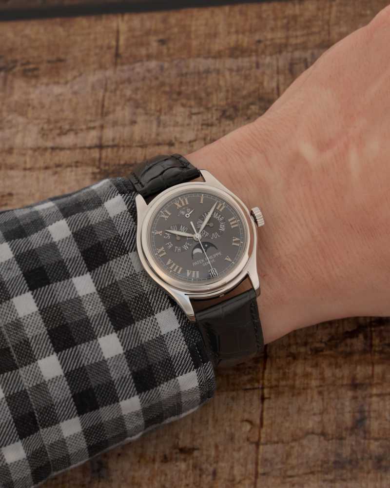 Wrist shot image for Patek Philippe Annual Calendar “PLATINUM” 5056P Grey +/- 2002 with original box and papers