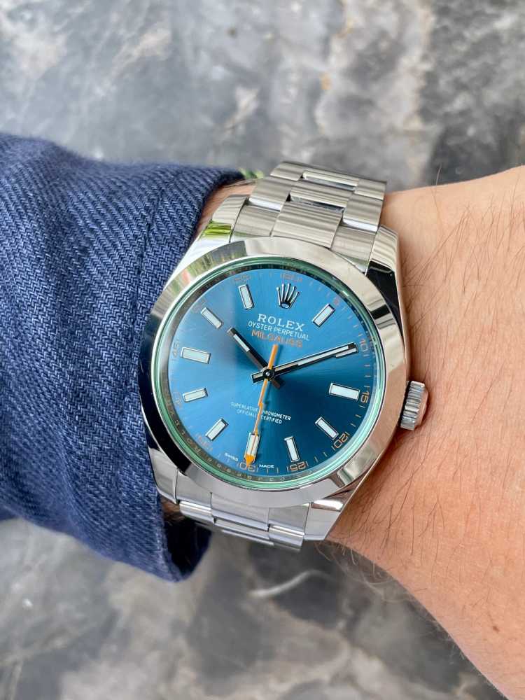 Wrist shot image for Rolex Milgauss 116400GV Blue 2016 with original box and papers