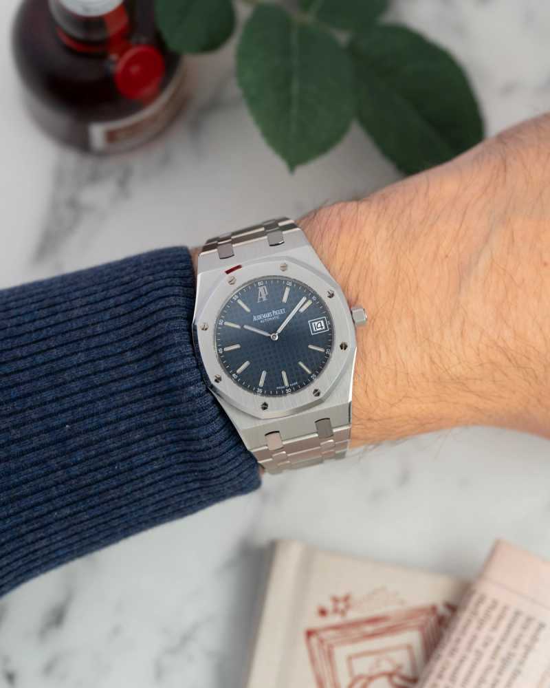 Wrist shot image for Audemars Piguet Royal Oak 15202 Blue 2002 with original box and papers