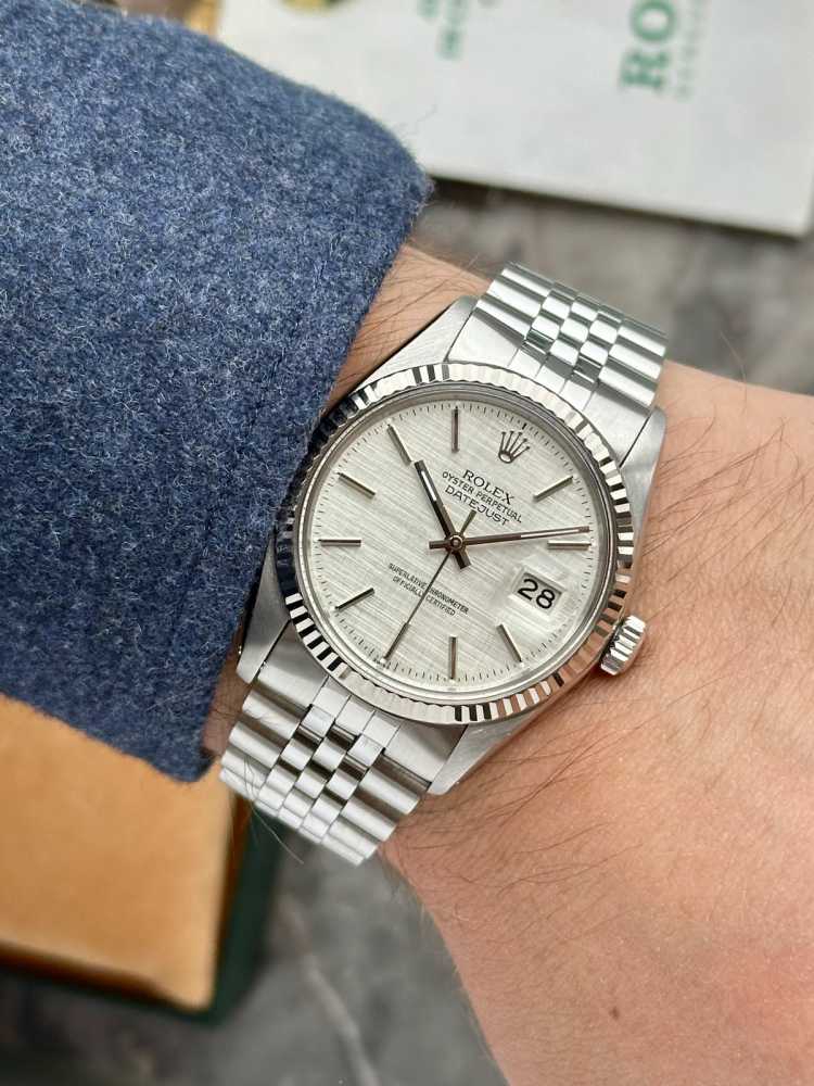 Wrist shot image for Rolex Datejust "Linen" 16014 Silver Linen 1979 with original box and papers