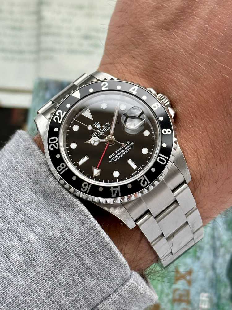 Wrist shot image for Rolex GMT-Master II 16710 Black 2002 with original box and papers