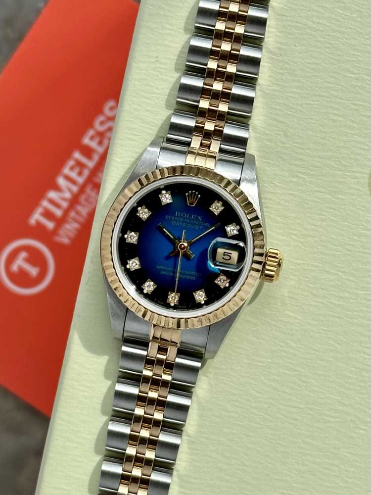Featured image for Rolex Lady-Datejust "Blue Vignette Diamond" 69173G Blue 1991 with original box and papers