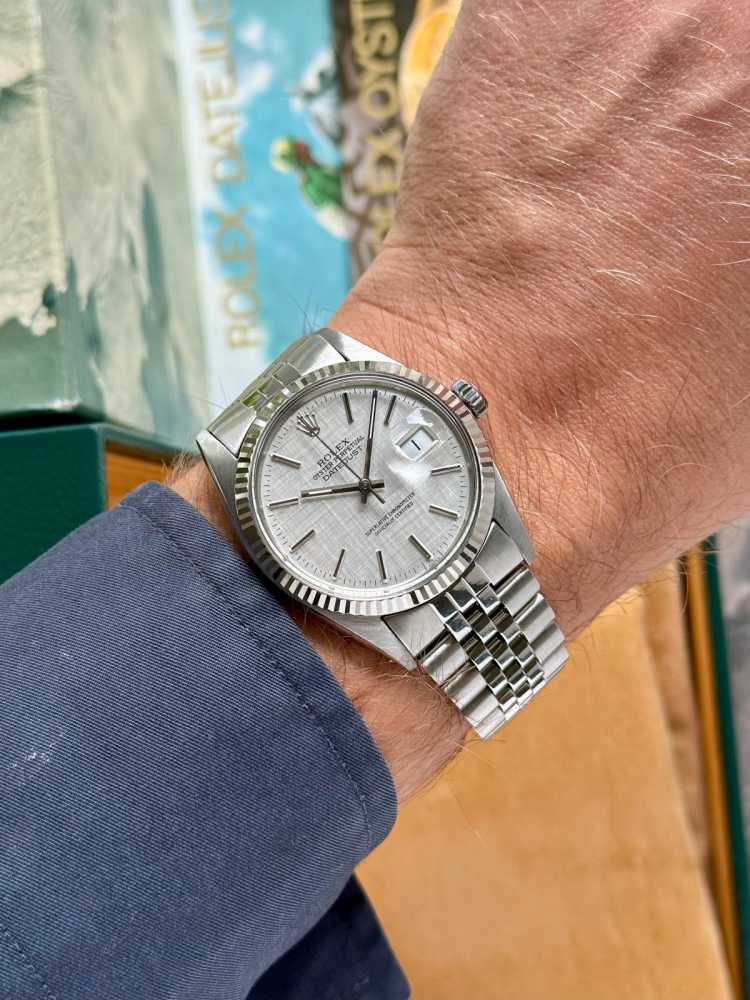 Wrist shot image for Rolex Datejust "Linen" 16014 Silver Linen 1988 with original box and papers-2