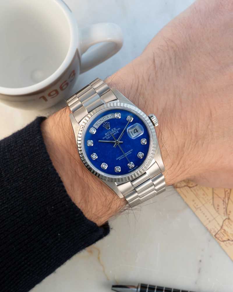 Wrist shot image for Rolex Day-Date "Lapis Lazuli" 18239 Blue 1993 with original box and papers