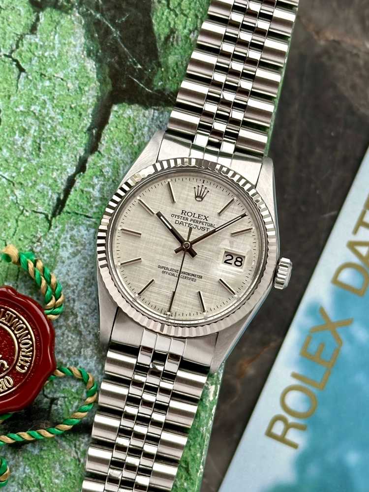 Featured image for Rolex Datejust "Linen" 16014 Silver Linen 1979 with original box and papers