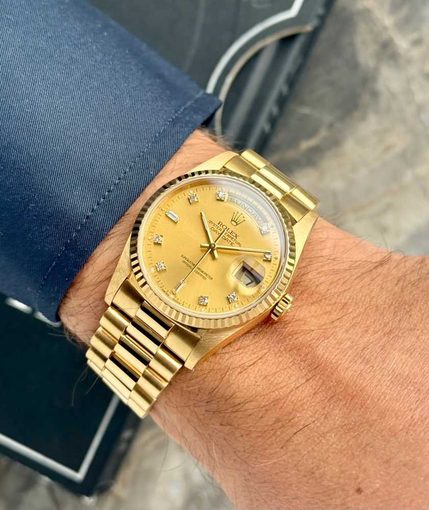 Wrist shot image for Rolex Day-Date "Diamond" 18238 Gold 1995 with original box and papers