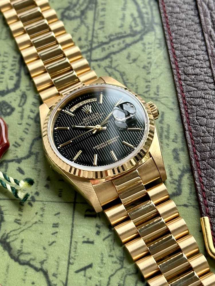 Wrist shot image for Rolex Day-Date "Tapestry" 18238 Black 1991 with original box and papers