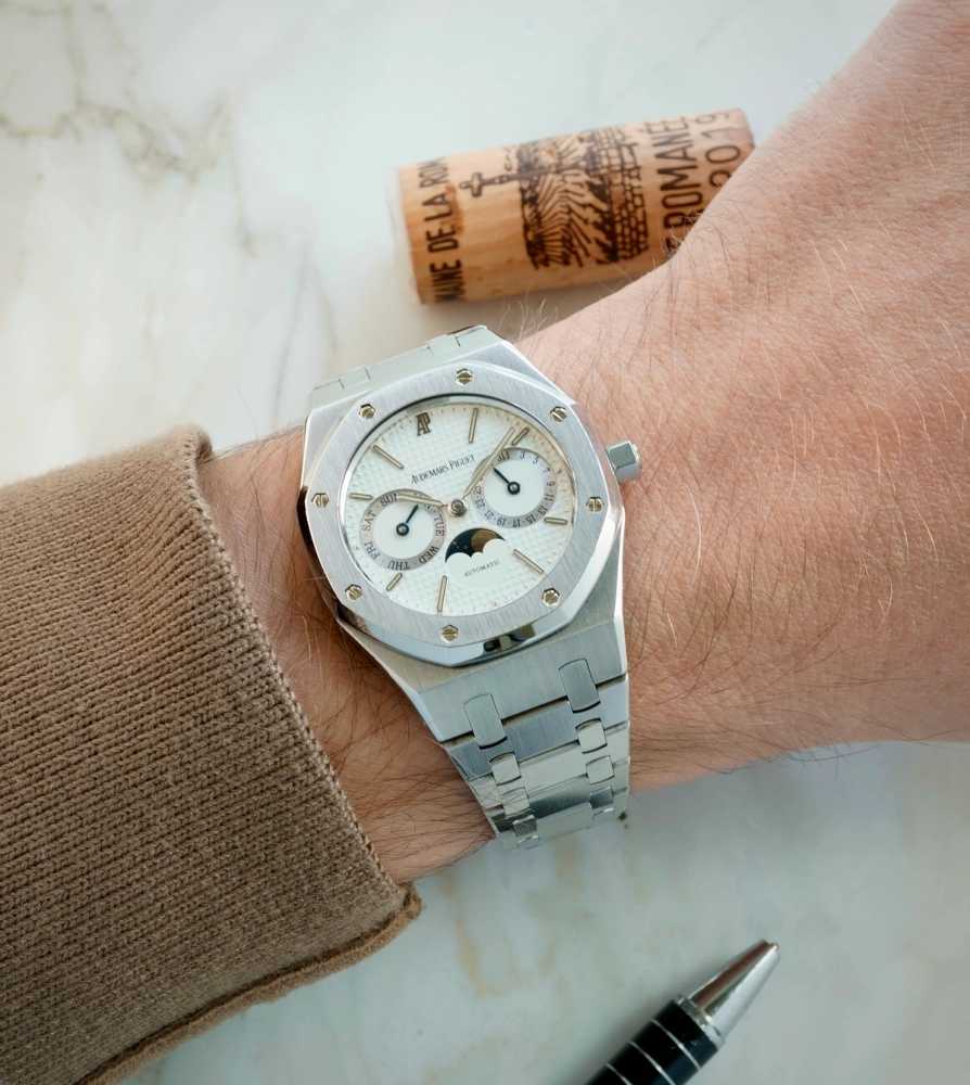 Wrist shot image for Audemars Piguet Royal Oak "Day Date Moonphase" 25594ST White 1997 with original papers