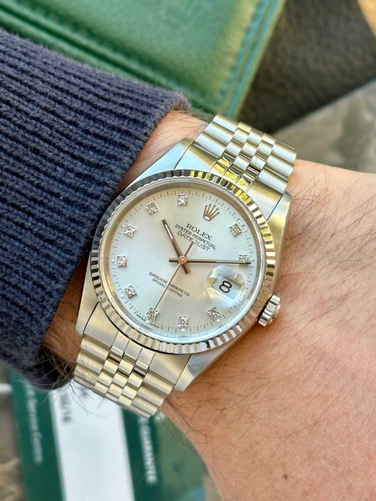 Wrist shot image for Rolex Datejust "Diamond" 16234G Silver 1990 with original box and papers