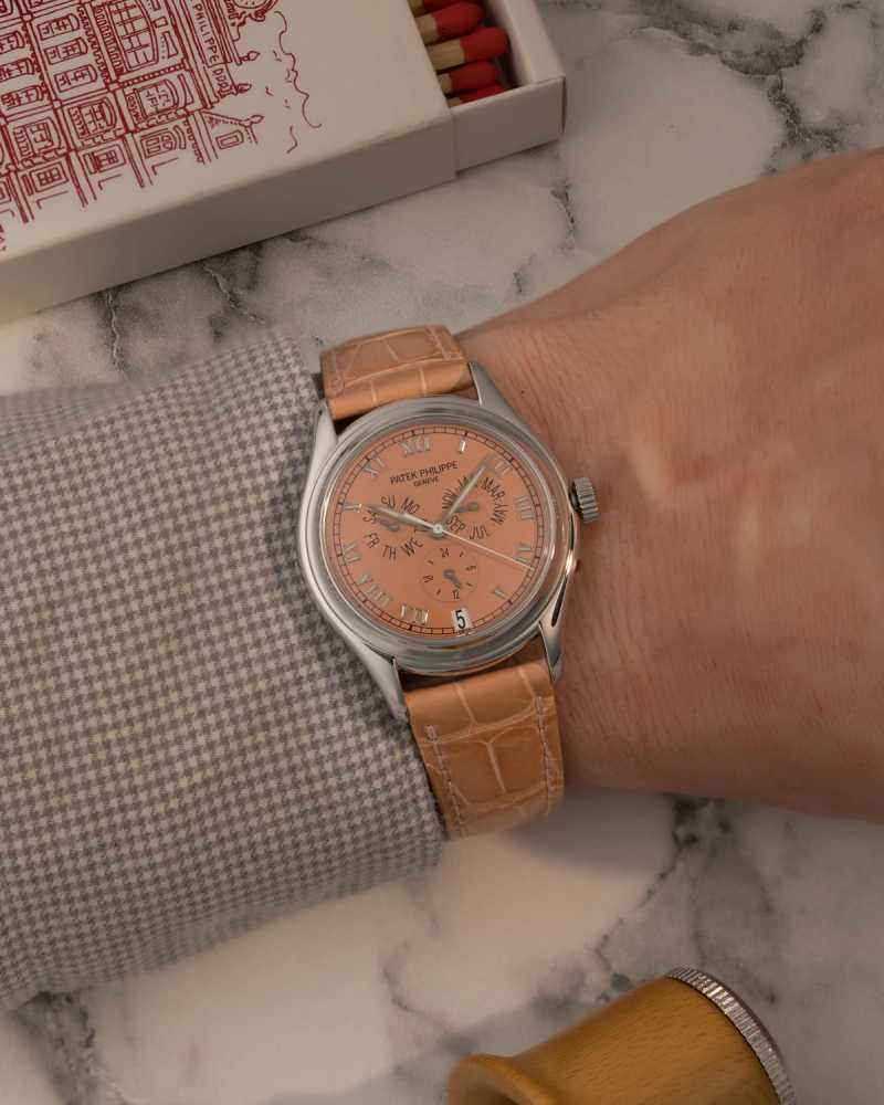 Wrist shot image for Patek Philippe Annual Calendar "Platinum - Salmon" 5035P Gold 1999 with original box and papers