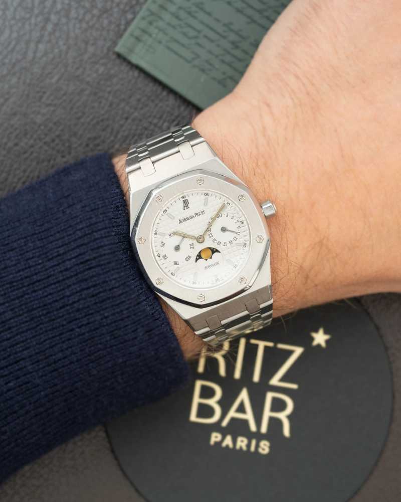 Wrist shot image for Audemars Piguet Royal Oak Day-Date Moonphase 25594 ST White 1996 with original box and papers