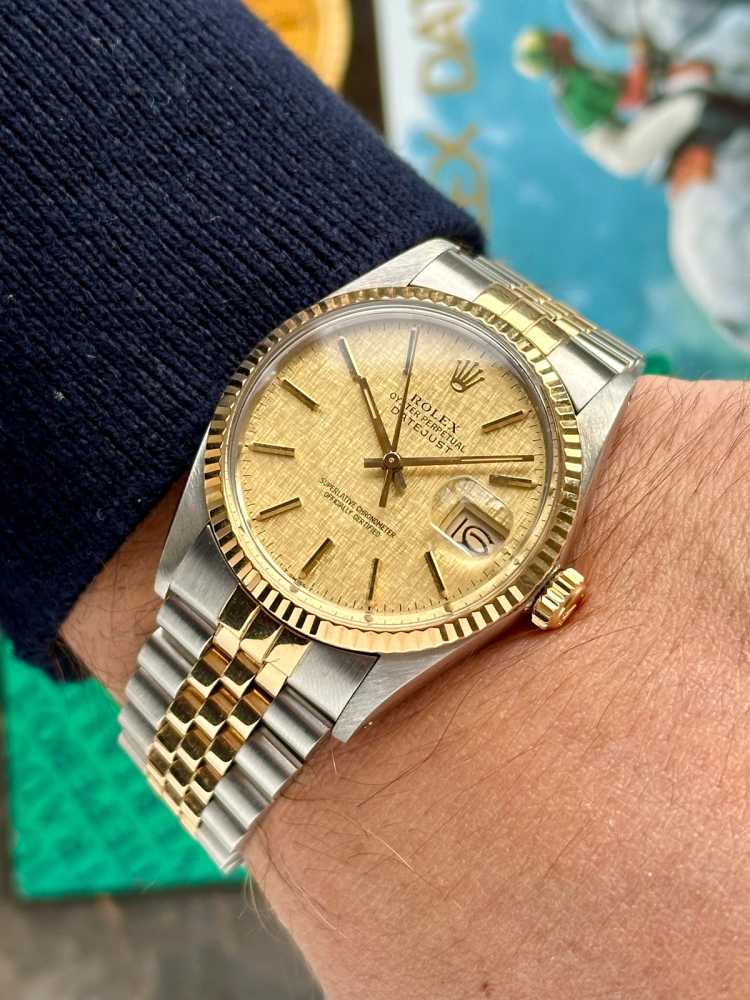 Wrist image for Rolex Datejust "Linen" 16013 Gold 1985 with original box and papers
