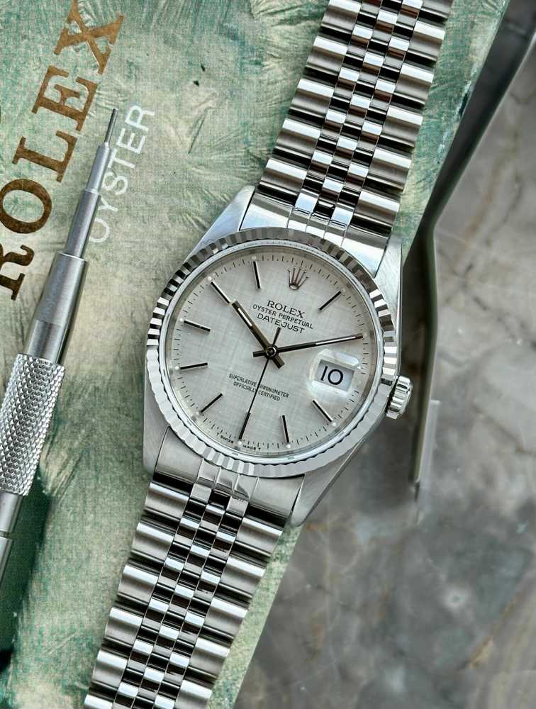 Featured image for Rolex Datejust "Linen" 16234 Silver Linen 1988 with original box and papers