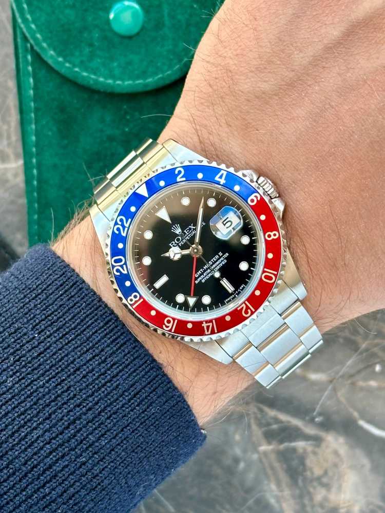 Wrist shot image for Rolex GMT-Master 2 "Pepsi" 16710 Black 1991 with original box and papers