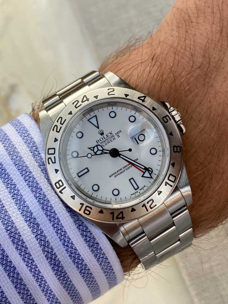 Wrist shot image for Rolex Explorer II 16570 White 2002 with original box and papers y586