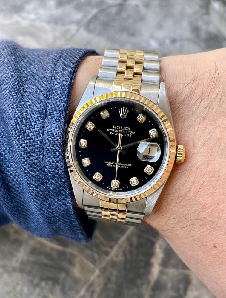 Wrist shot image for Rolex Datejust "Diamond" 16233 Black 2000 with original box and papers