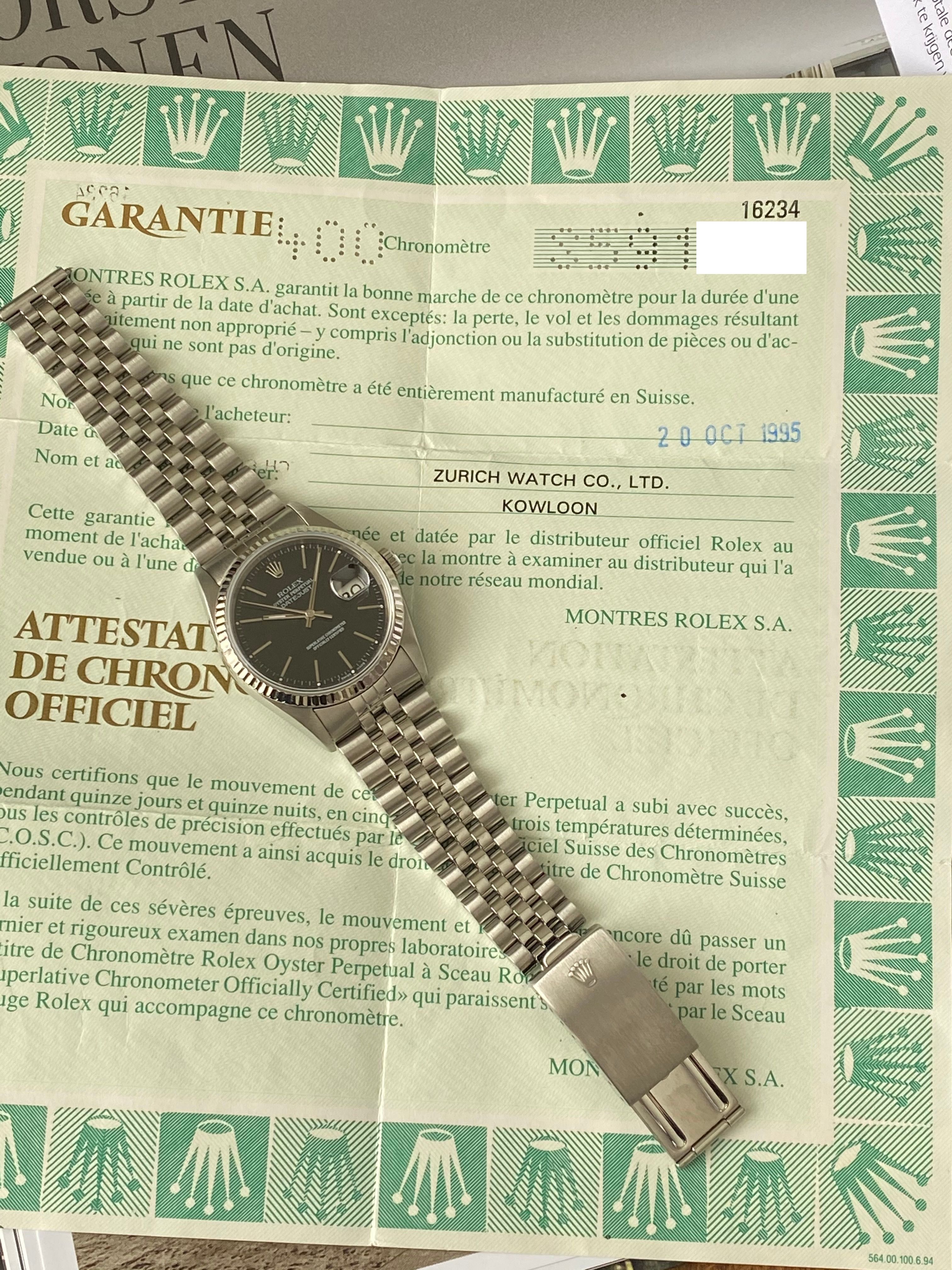 Rolex Datejust 16234 Black 1993 with original box and papers