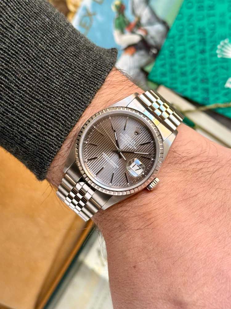 Wrist shot image for Rolex Datejust "Tapestry" 16220 Grey 1999 with original box and papers