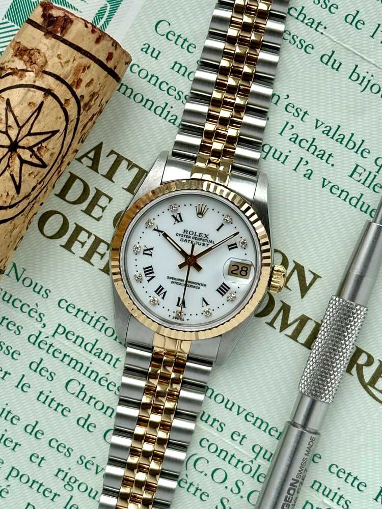 Featured image for Rolex Midsize Datejust "Diamond" 68273G White 1990 with original box and papers