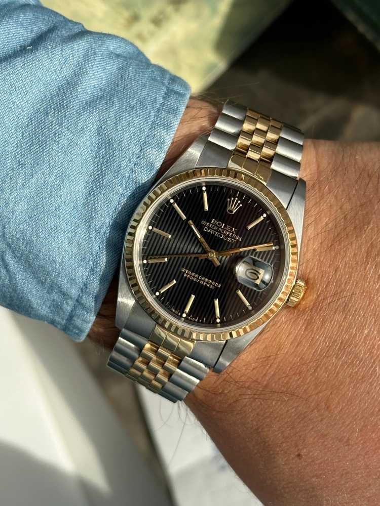 Wrist shot image for Rolex Datejust "Tapestry" 16233 Black 1989 with original box and papers