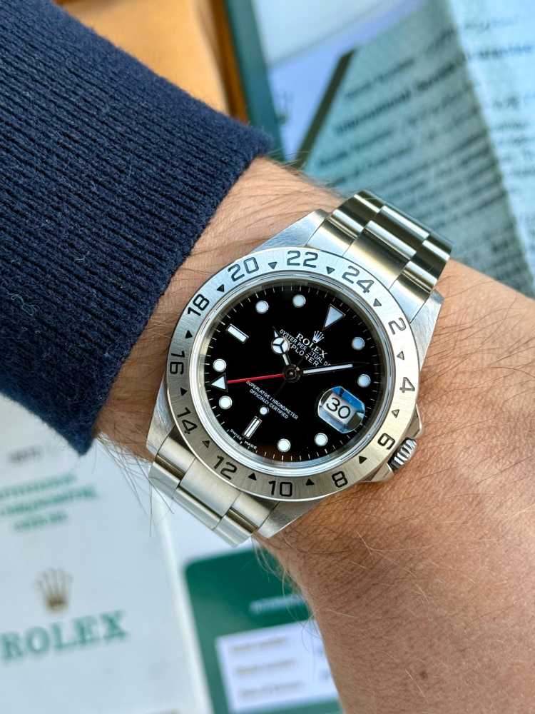 Wrist image for Rolex Explorer II 16570 Black 2000 with original box and papers k106