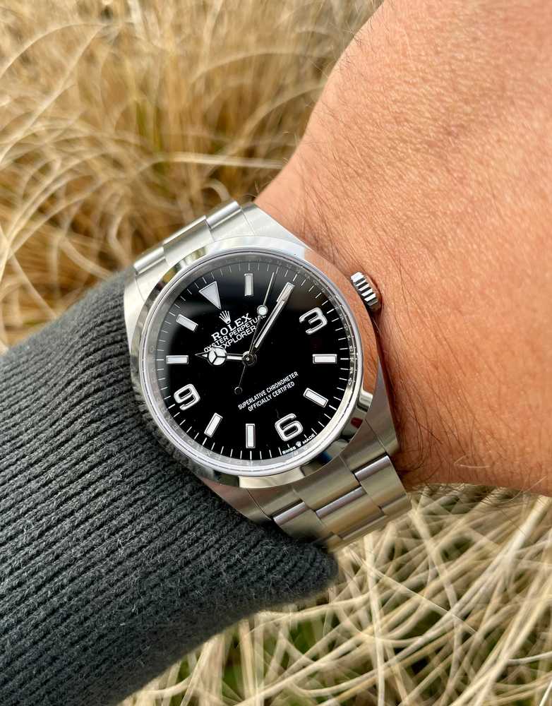 Wrist image for Rolex Explorer 1 124270 Black 2021 with original box and papers