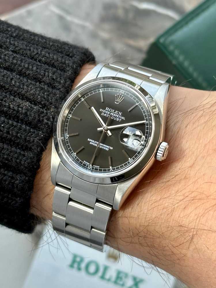Wrist image for Rolex Datejust 16200 Black 2002 with original box and papers