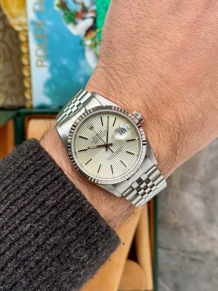 Wrist shot image for Rolex Datejust "Tapestry" 16234 Silver 2000 with original box