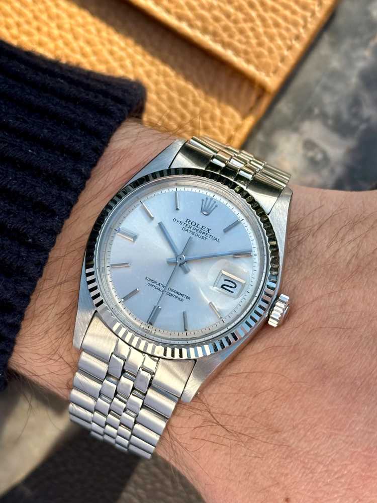 Wrist shot image for Rolex Datejust "No-Lume" 1601 Silver 1973 with original box and papers