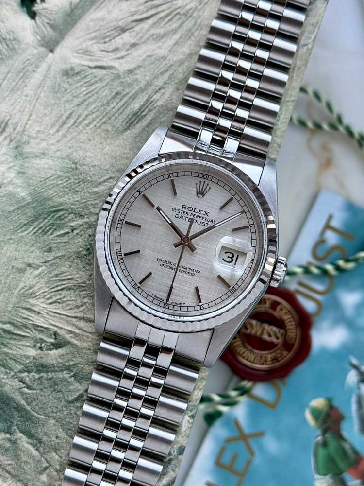 Featured image for Rolex Datejust "Linen" 16234 Silver Linen 1991 with original box and papers