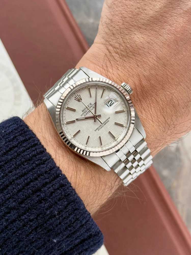 Wrist shot image for Rolex Datejust "Linen" 16014 Silver Linen 1985 