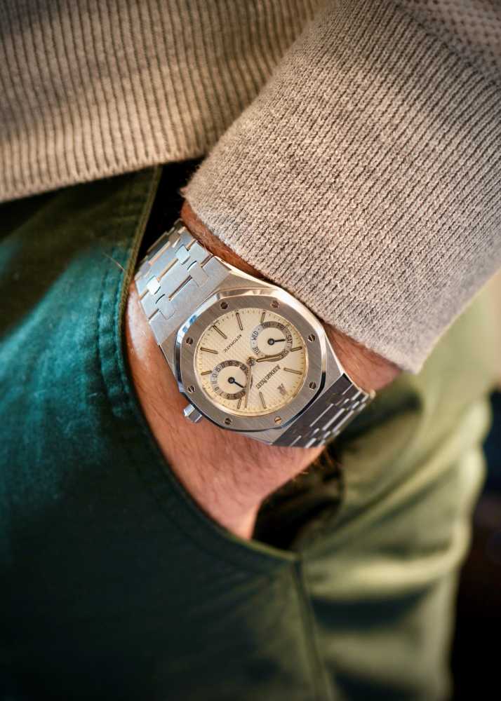 Wrist shot image for Audemars Piguet Royal Oak 25572ST "Day-Date" Cream 1996 with original box and papers