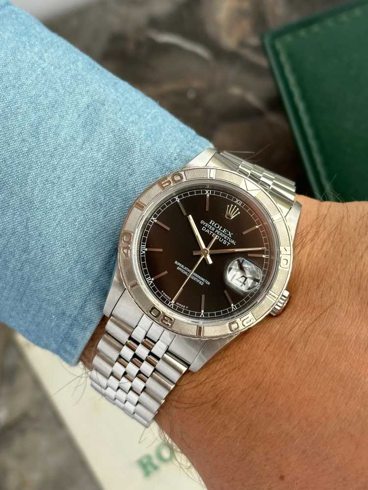 Wrist shot image for Rolex Datejust 16264 Black 1990 with original box and papers