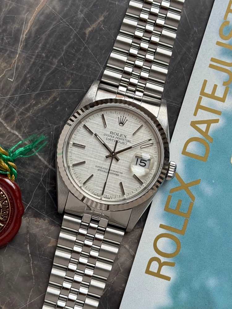 Featured image for Rolex Datejust "Linen" 16234 Silver Linen 1989 with original box and papers 2