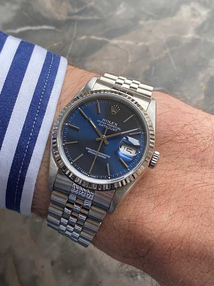 Wrist shot image for Rolex Datejust 16234 Blue 1991 with original box and papers
