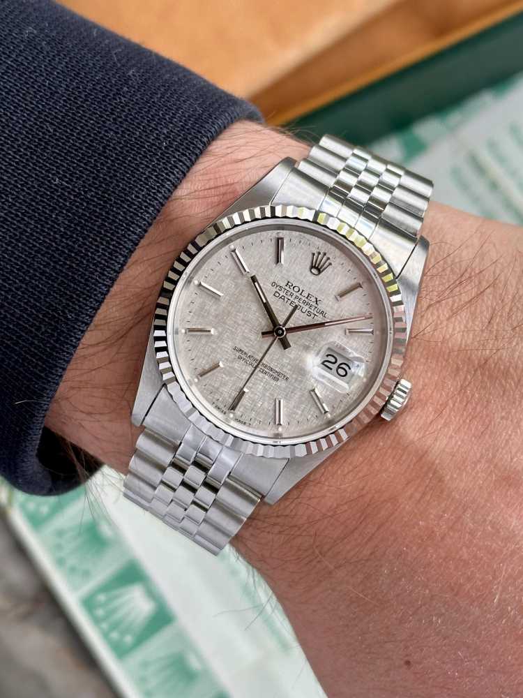 Wrist shot image for Rolex Datejust "Linen" 16234 Silver Linen 1993 with original box and papers