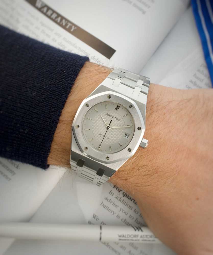Wrist shot image for Audemars Piguet Royal Oak "Nick Faldo" 15090ST Silver 1997 with original box and papers